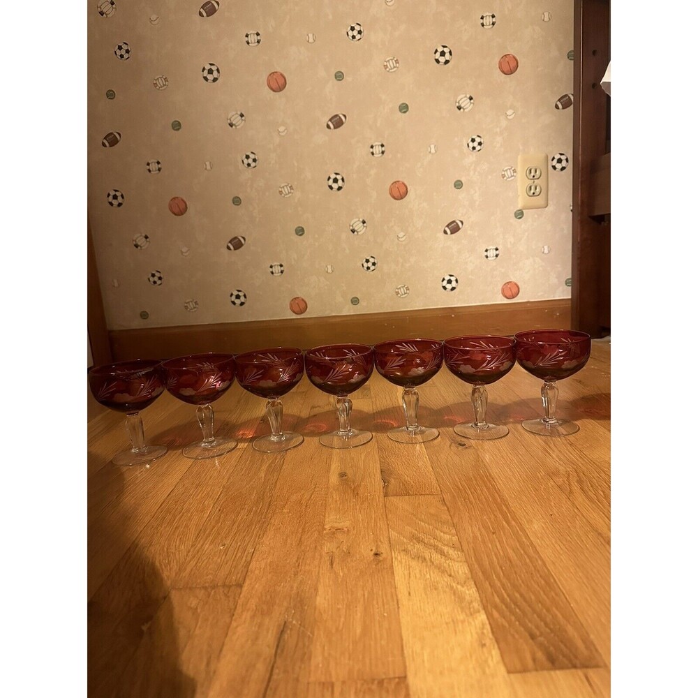 Set of 7 Bohemian Czech Cut to Cranberry Sherbet Glasses Vintage 4 3/4 Floral